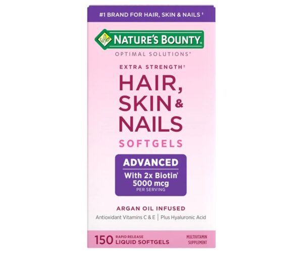 Nature's Bounty Advanced Hair, Skin & Nails, Argan-Infused Vitamin Supplement with Biotin and Hyaluronic Acid, 150 Rapid Release Softgels
