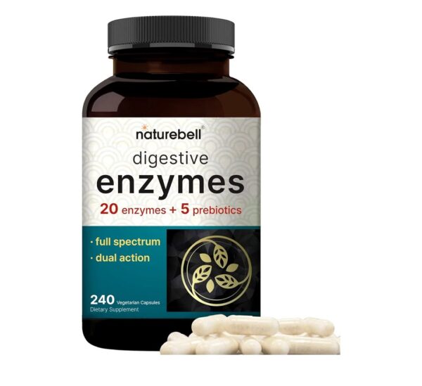 NatureBell Digestive Enzymes with Probiotics and Prebiotics | 240 Veggie Capsules - 20 Enzyme & 5 Prebiotic Pancreatic Enzyme Complex – Bloating Relief for Women & Men, Non-GMO, Vegan Friendly