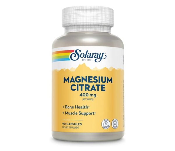 Solaray Magnesium Citrate 400mg - Bone Strength, Muscle Recovery, and Digestion Support - Herbal Base - Vegan, Lab Verified, 60-Day Money-Back Guarantee - 30 Servings, 90 VegCaps