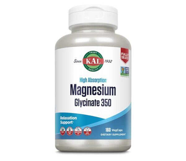 KAL Magnesium Glycinate Capsules, Fully Chelated Magnesium Bisglycinate, High Absorption Magnesium Supplement, Healthy Bones, Muscle, Relaxation and Stress Support, Non-GMO 160 count