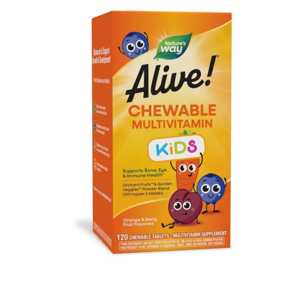 Nature's Way Alive! Children's Daily Chewable Multivitamin, Supports Bone, Eye, and Immune Health*, Orange & Berry Fruit Flavored, Gluten Free, 120 Chewable Tablets (Packaging May Vary)