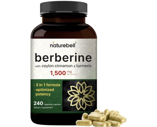 naturebell, Berberine Supplement 1500mg, 240 Veggie Capsules | Plus 1000mg True Ceylon Cinnamon & 300mg Turmeric Root – 97% Berberine HCL – Plant-Based, Vegan, Non-GMO