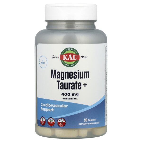KAL Magnesium Taurate 400mg Plus CoEnzyme Vitamin B6, Chelated Magnesium Supplement, Healthy Muscle Function, Nerve and Heart Health Support, Gluten Free, Vegan, 60-Day Guarantee, 45 Serv, 90 Tablets