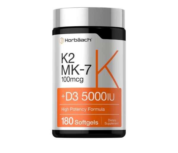 Horbäach Vitamin D3 K2 | 5000iu of Vitamin D & 100mcg MK-7 Complex | 180 Softgel Capsules | Non-GMO & Gluten Free Supplement
د٣ ك٢ هورباك تركيز ٥٠٠٠ وحدة دوليه