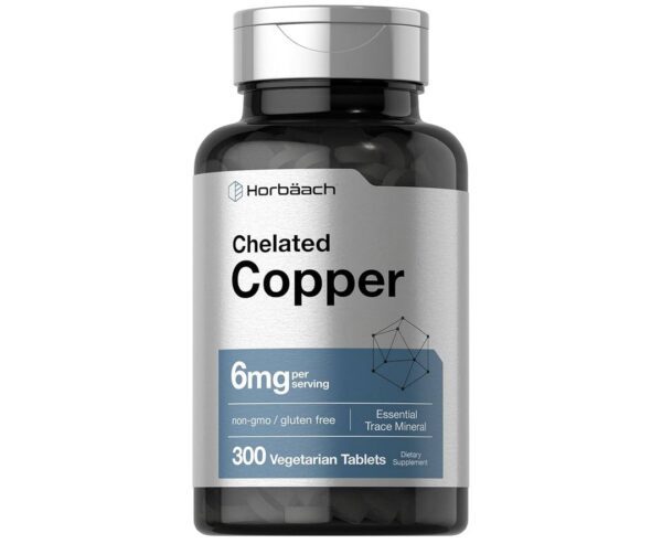 Horbäach Chelated Copper Supplement 6mg | 300 Tablets | Essential Trace Mineral | Vegetarian, Non-GMO, Gluten Free