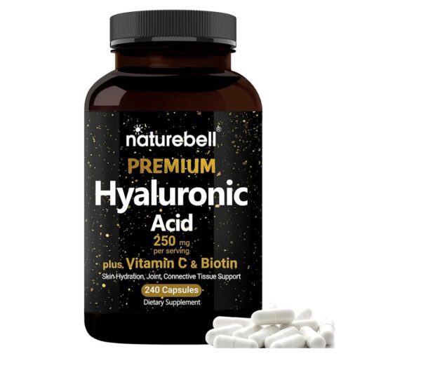 NatureBell Hyaluronic Acid Supplements 250mg | 240 Capsules, with Biotin 5000mcg & Vitamin C 25mg, 3 in 1 Support - Skin Hydration, Joint Lubrication, Hair and Eye Health