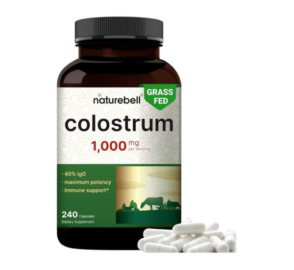 naturebell Colostrum Supplement 1,000mg Per Serving, 240 Capsules | Grass Fed Bovine Colostrum from Mother's First Milk – 40% IgG Immunoglobulins – Muscle, Immune & Gut Health Supplement – Non-GMO