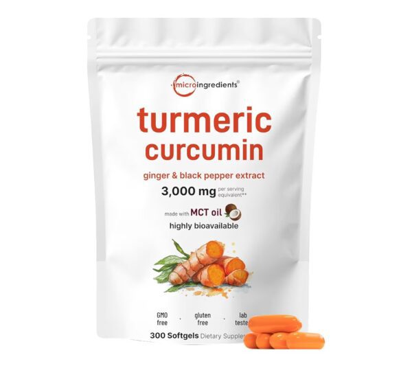 micro ingredients, Turmeric Curcumin Supplement 3,000mg | 95% Curcuminoids | 300 Coconut MCT Oil Softgels with Turmeric, Ginger & Black Pepper Extracts | High Absorption | Healthy Joint Support for Men & Women | Non-GMO