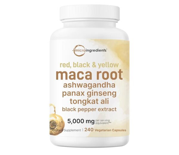 Maca Root 5,000mg | 240 Veggie Capsules with Ashwagandha, Panax Ginseng, Tongkat Ali, & Black Pepper Extract for Better Absorption | Red, Yellow