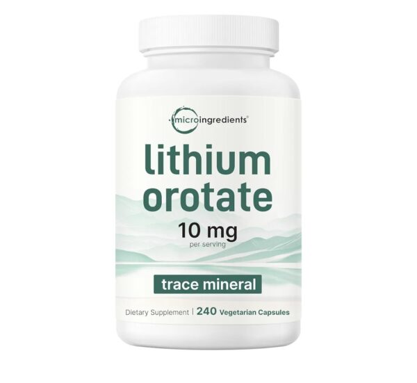 Lithium Orotate 10mg, 240 Veggie Capsules | Highly Bioavailable | Elemental | Double Strength | Essential Trace Mineral | Healthy Aging, Brain Supplement, & Mood Support | Non-GMO, Gluten Free