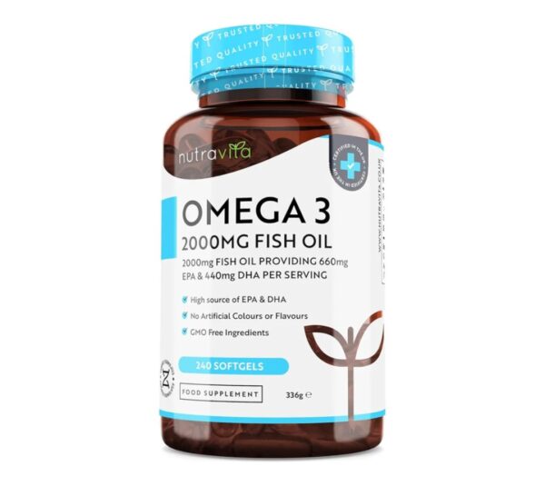 Nutravita Omega 3 2000mg with 660mg EPA & 440mg DHA per Serving - 240 Softgel Capsules of Sustainably Sourced High Strength Pure Omega 3 Fish Oil - 4 Months Supply - Made in The UK