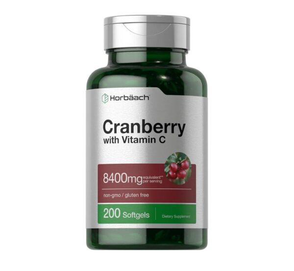 Horbäach Cranberry Pills for Women and Men | 8400mg | 200 Softgels | Extract Supplement with Vitamin C | Non-GMO, Gluten Free