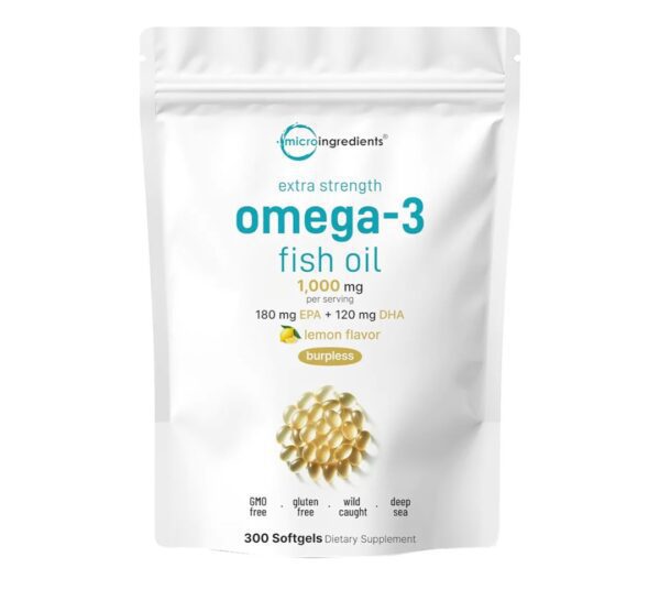 Micro Ingredients Extra Strength Omega 3 Fish Oil Supplements 1,000mg Per Serving, 300 Softgels | Lemon Flavored | Burpless | EPA 180mg + DHA 120mg | Deep Sea Fish