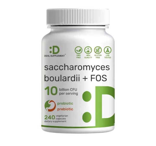 Saccharomyces Boulardii Probiotics + FOS Supplement, 10 Billion CFU, 240 Veggie Capsules – Probiotic & Prebiotic for Women & Men – Gut, Immune & Digestive Health Support – Non-GMO