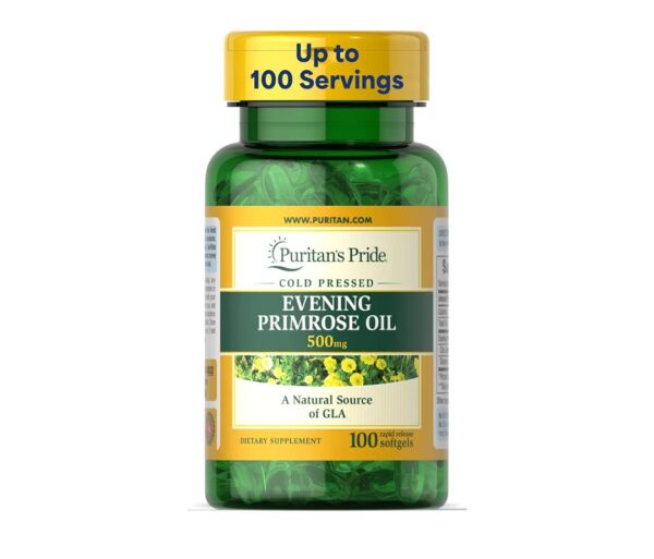 Puritan's Pride Cold Pressed Evening Primrose Oil 500 mg with GLA, Dietary Support Supplement for Womens and Skin Health, 100 Rapid Release Soft Gels