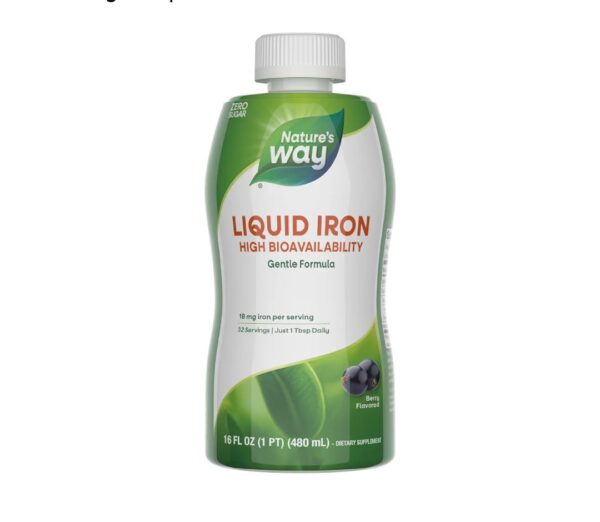 Nature's Way Liquid Iron, 100% Daily Value, 18 mg Iron as Ferric Glycinate per Serving, No Sugar Added, Berry Flavored, 16 Fl Oz (Packaging May Vary)