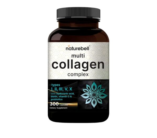 naturebell, Multi Collagen Pills for Women & Men (Type I, II, III, V, X), 300 Capsules | Hydrolyzed Collagen Peptides With Probiotics, Hyaluronic Acid & Biotin | Recovery, Hair, Skin, Nails & Joints Support