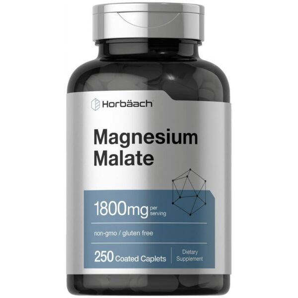 Horbaach Magnesium Malate 1800mg | 250 Coated Caplets | Vegetarian, Non-GMO, Gluten Free Supplement | by Horbaach