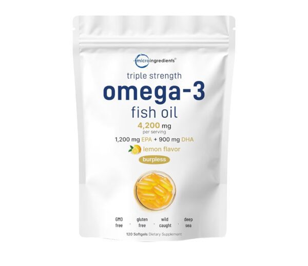 Micro Ingredients Triple Strength Omega 3 Fish Oil Supplements 4200mg Per Serving, 240 Softgels – Lemon Flavored – Burpless | EPA 1200mg + DHA 900mg | Deep Sea Fish