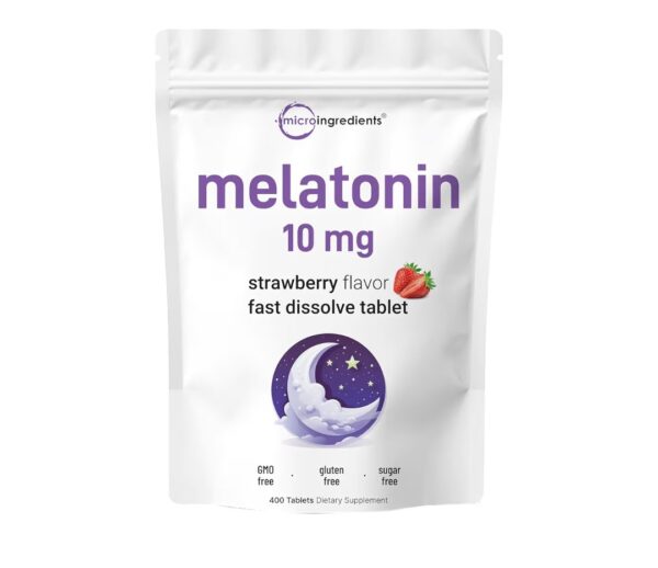Micro Ingredients Melatonin 10mg, 400 Tablets | Natural Strawberry Flavor | Fast Dissolve | No Drug | Vegetarian Friendly | Non-GMO, No Gluten, Sugar Free