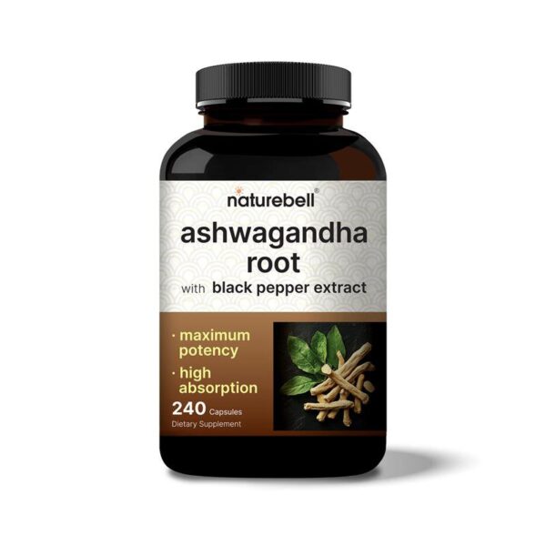 NatureBell Ashwagandha with Black Pepper, 240 Capsules | High Absorption Complex – Extra Strength Root Extract – Adaptogens Supplements for Relaxation – Non-GMO