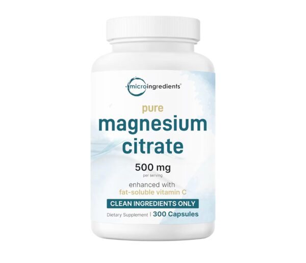 Pure Magnesium Citrate Supplements 500mg, 300 Capsules | Fat-Soluble Vitamin C Added | 100% Chelated | Supports Digestion, Muscle & Heart Health | Only Active Ingredients