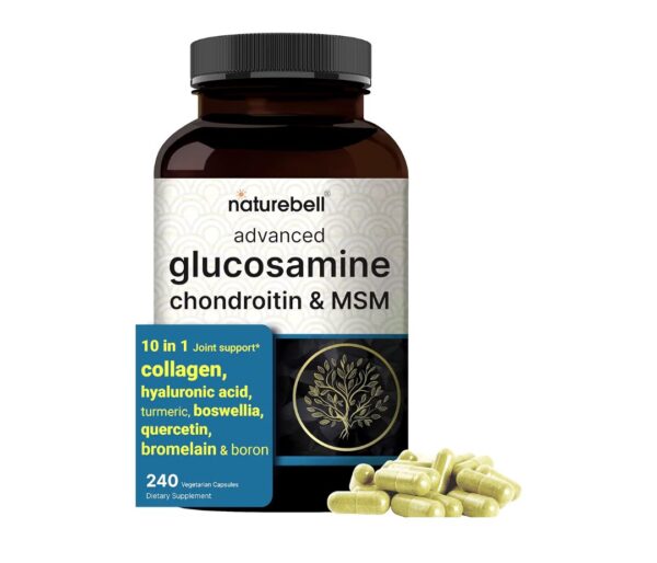 NatureBell Advanced Glucosamine Chondroitin MSM Supplement, 240 Capsules | 10-in-1 Joint Support Complex – with Hyaluronic Acid, Collagen, Turmeric, Boswellia, & More – Non-GMO