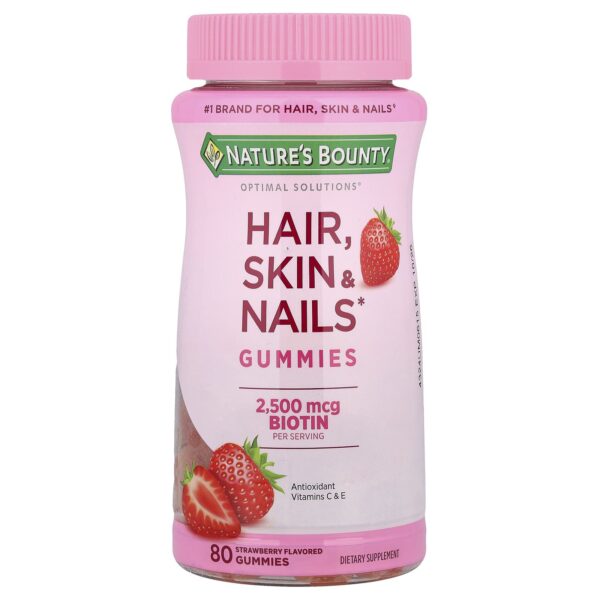 Nature's bounty, Hair skin nails Optimal Solutions®‎، أقراص مضغ لصحة الشعر والبشرة والأظافر، نكهة الفراولة، 80 قرصًا للمضغ