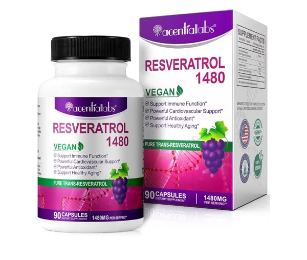 100% Natural Resveratrol - 1480mg Per Serving, 90 Veggie Capsules, 99% Pure Trans-Resveratrol, Antioxidant for Healthy Aging, Brain & Heart Support