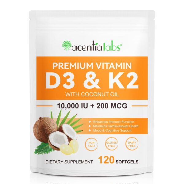 acentiallabs PREMIUM VITAMIN D3 10000iu  & K2 200 mcg WITH COCONUT OIL Bagged Capsules