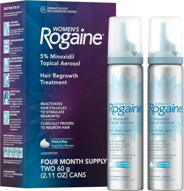 Rogaine Women's 5% Minoxidil Foam, Topical Once-A-Day Hair Loss Treatment for Women to Regrow Fuller, Thicker Hair, Unscented, 4-Month Supply, 2 x 2.11 oz
