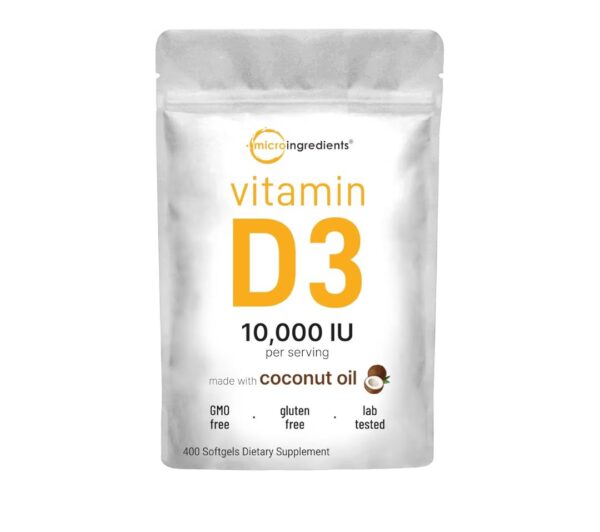Micro Ingredients Vitamin D3 10,000 IU, 400 Softgels | Virgin Coconut Oil | Cholecalciferol Form | Bone, Immune & Heart Support | Easy to Swallow, Non-GMO