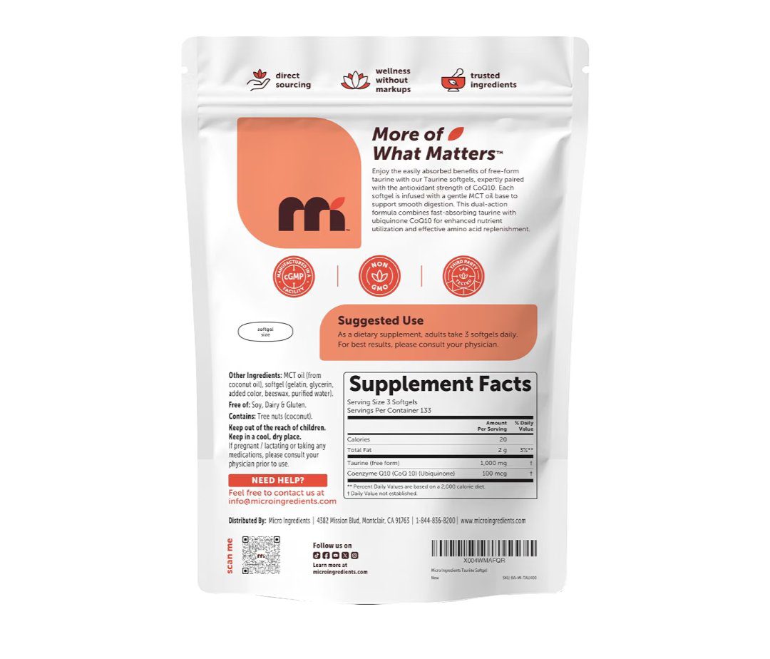 ميكرو إنجريدينتس تورين 1، 000 مجم مع Coq10 - Free-Form تورين مكمل غذائي مع MCT Oil - Amino Acids for Exercise Energy ' Heart | Micro Ingredients Taurine 1، 000 mg with Coq10