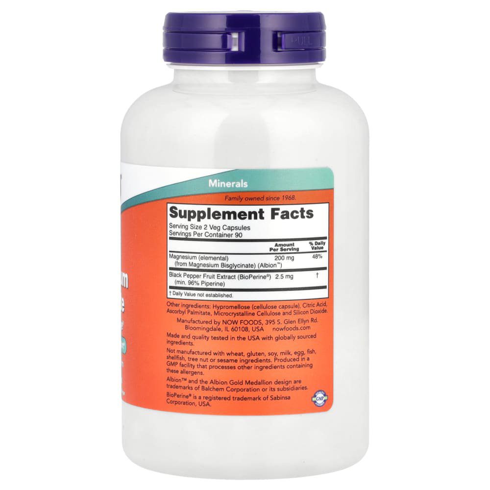 ناو فودز، مغنيسيوم جليسينات مع BioPerine، 180 كبسولة نباتية | NOW Foods، Magnesium Glycinate With BioPerine، 180 Veg Capsules